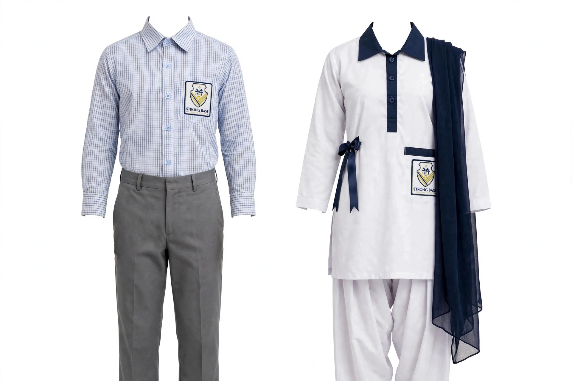Strong Base Grammar School uniform, 360 degree view — Boys check shirt and grey trousers, Girls white shirt with navy collar and shalwar