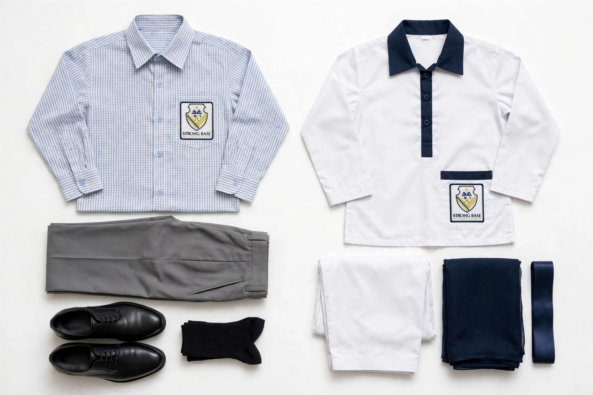 Uniform mockup on a white background — Boys check shirt with grey trousers, black shoes and socks; Girls Version 2 white shirt with navy collar, white shalwar, navy dupatta and ribbon